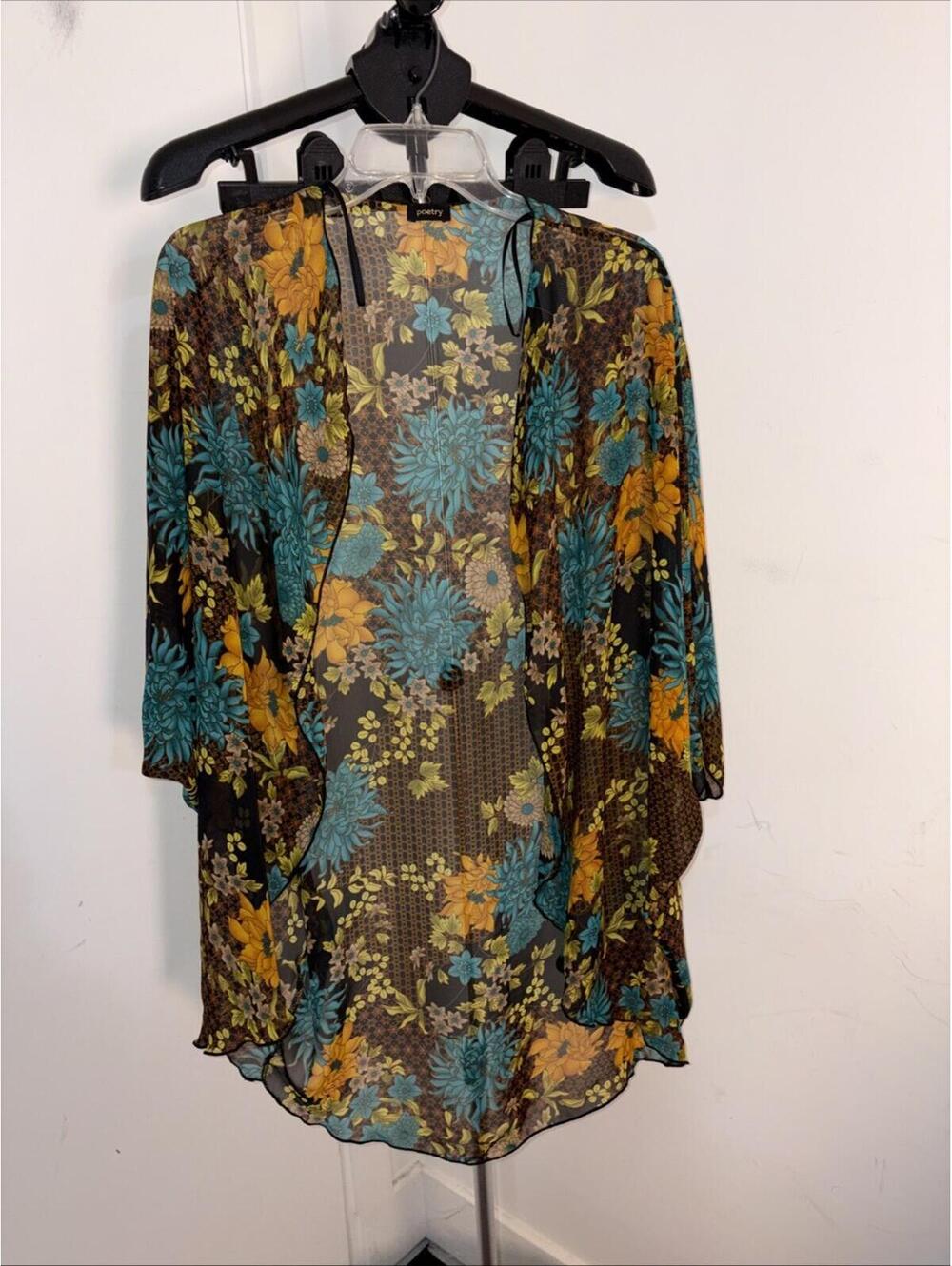 Poetry Kimono Vibrant Floral Print Teal Brown Orange Yellow USA VINTAGE S/M
